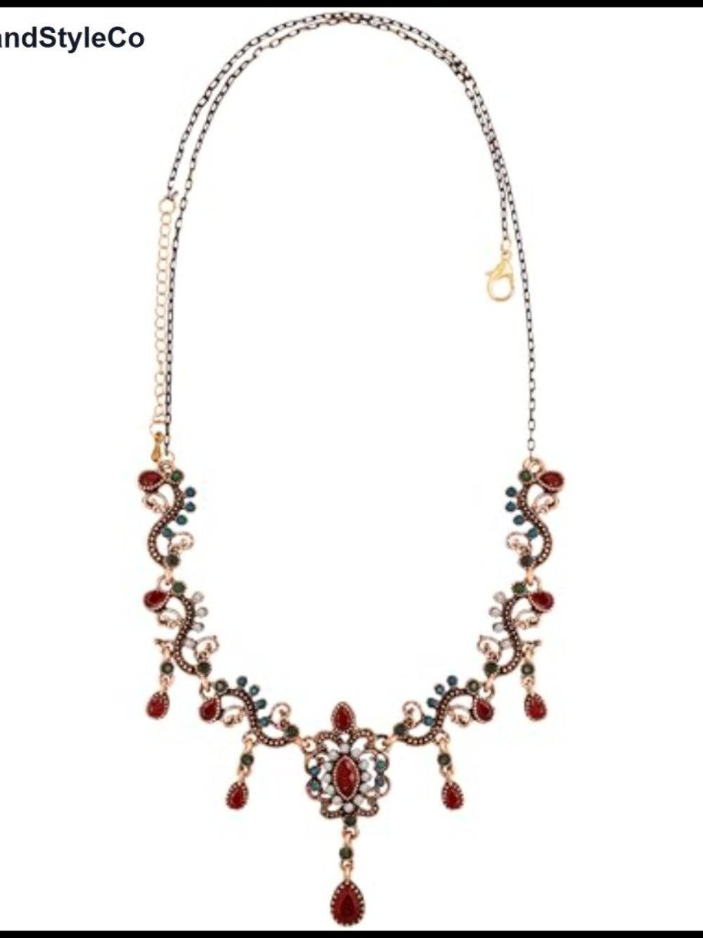 Vintage Antique Copper-Tone Rhinestone Statement Necklace Pendant Adjustable
